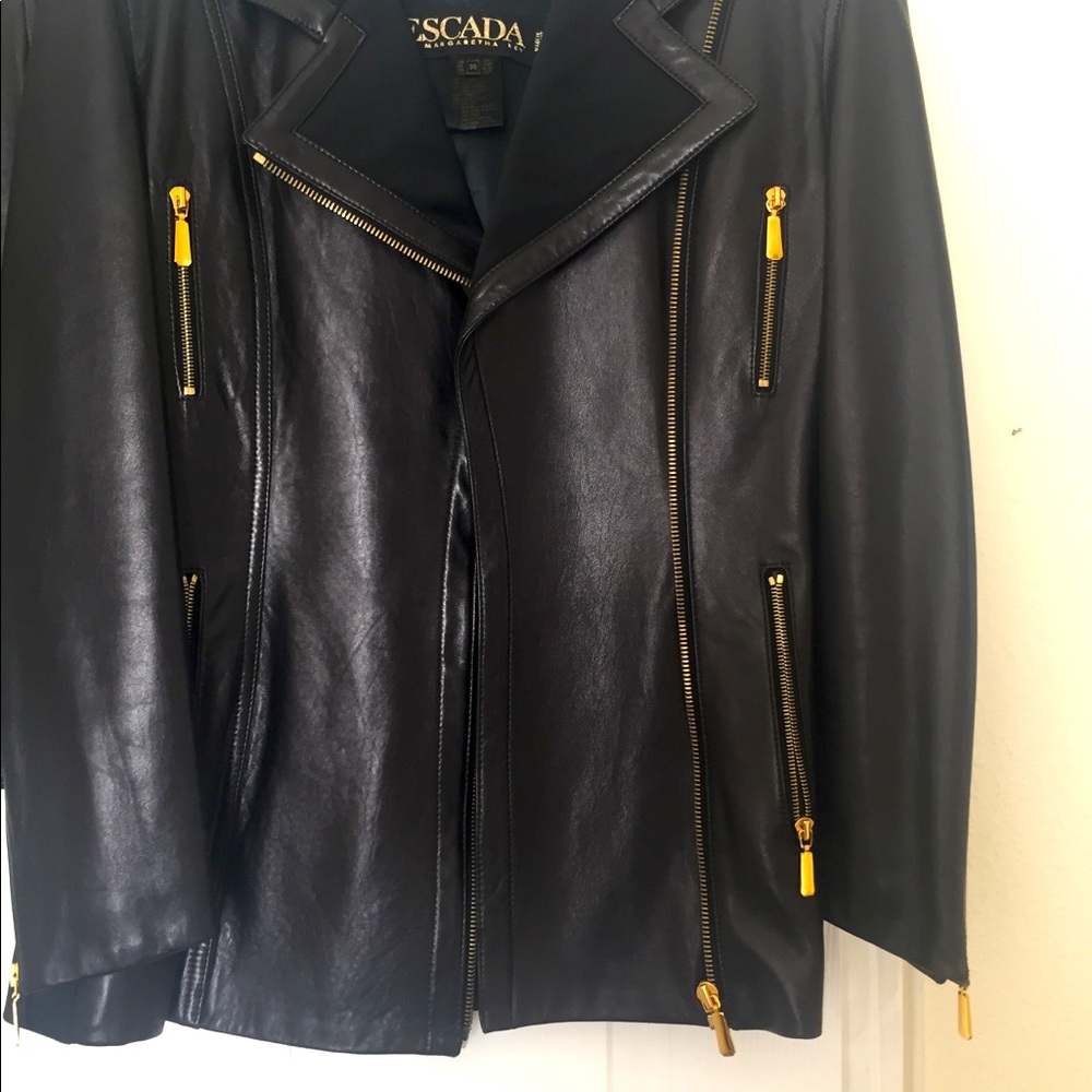 Escada Black Leather suit with gold tone Zippers
